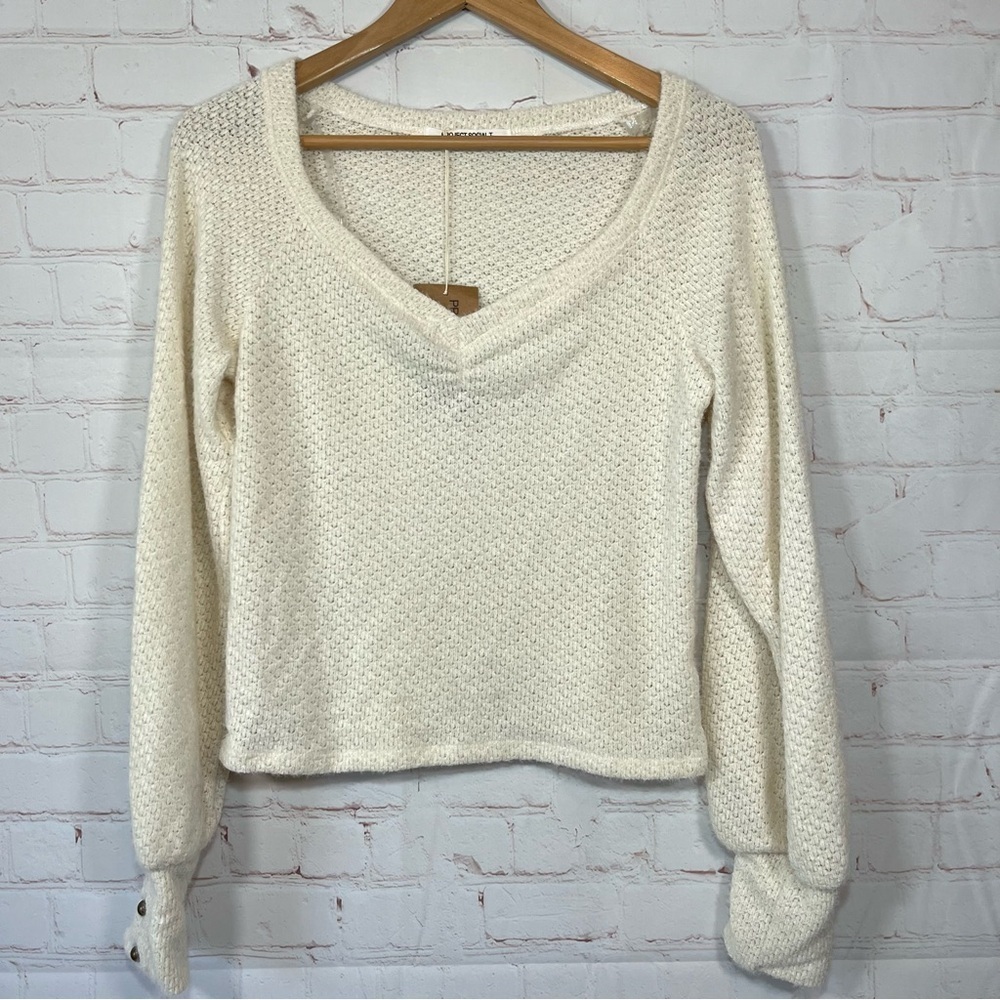 Project Social T Sweater Womens Small Tan Cozy Knit Cropped V Neck Top New